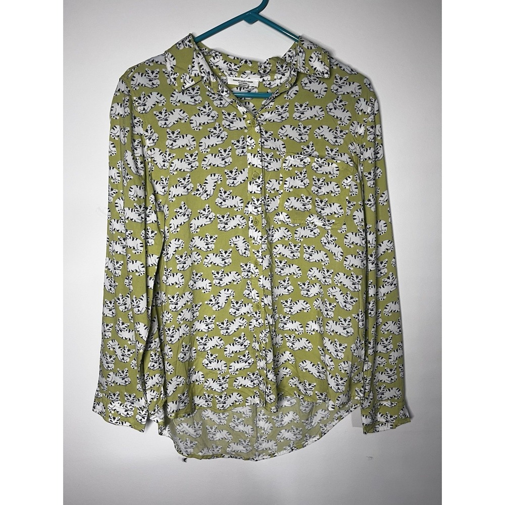 BeachLunchLounge Alanna Kitty Cat Button Down Top Sz L Green And White